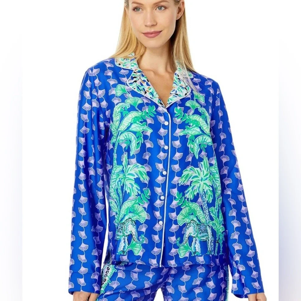 Lilly‎ Pulitzer PJ Satin Long Sleeve Top Blue Grotto Sz small